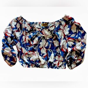 S/M BNWT Blue White Red Wayan Smocked Off The Shoulder Cropped Top Floral Print